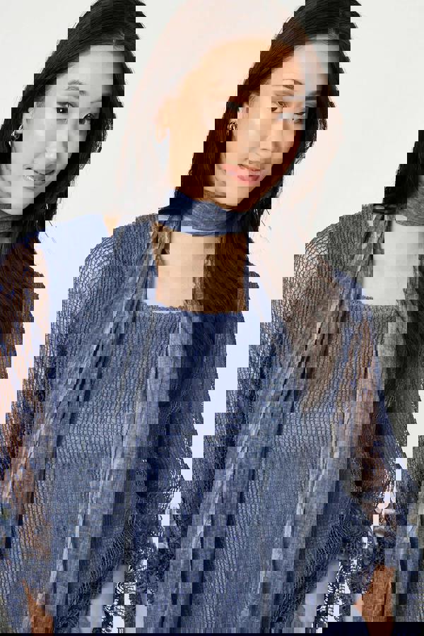 Navy | Sparkly Mesh Scarf Detail Layered Top