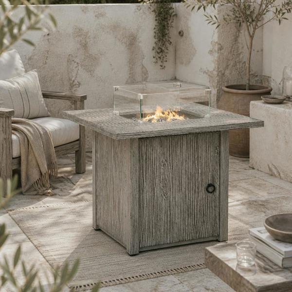 Wyld Haus Vesoka Steel Grey Square Garden Outdoor Gas Fire Pit Table With Cover And Glass Screen