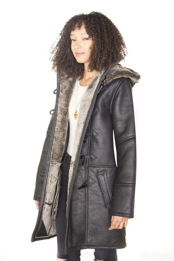 Infinity Leather Womens Black Shearling Hooded Duffle Coat-Royston
