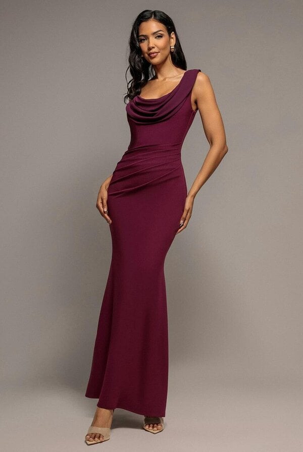 Goddiva Cowl Neck One Shoulder Scuba & Chiffon Maxi Dress - Plum by Goddiva