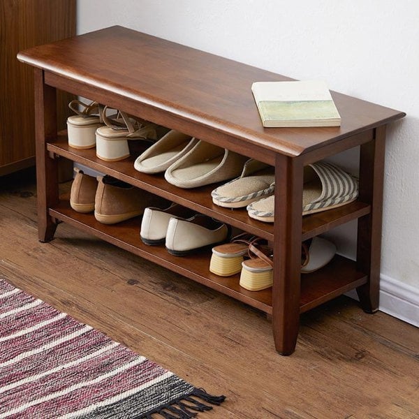 Detail view of Shoe Storage Bench, Oak with seat with storage for shoes