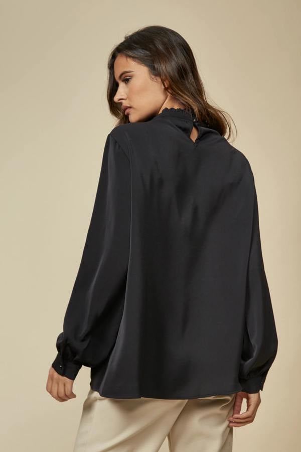 Hoxton Gal Oversized Ruffle Neck Top with Long Sleeves in Black