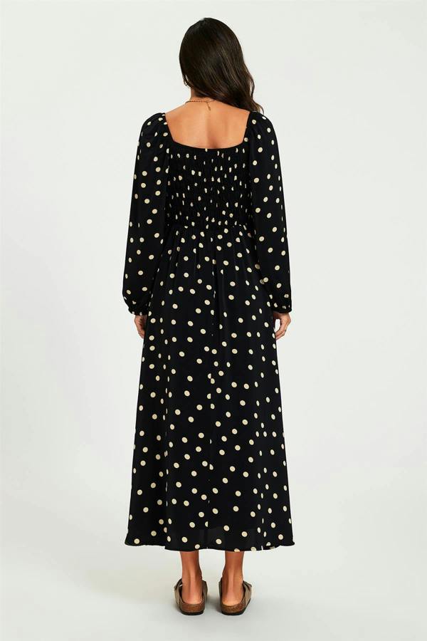 FS Collection Polka Dot Square Neck Maxi Dress In Black