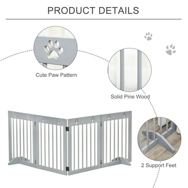 Grey wooden pet gate detail with paw pattern cutouts and two support feet for stability