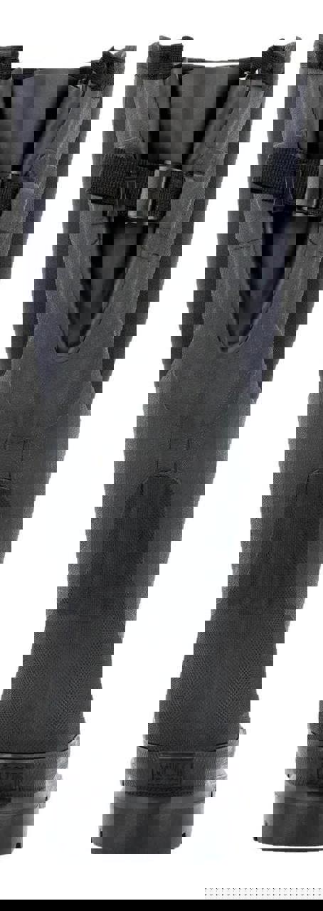 Muck Boots MUCK Chore XF Adjustable Womens Classic Stable Farm Wellington Wellies, front view of a black and dark gray waterproof rubber boot with adjustable strap and sturdy sole.