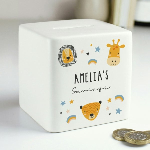 Personalised Memento Company Personalised Scandi Safari Animals Ceramic Square Money Box