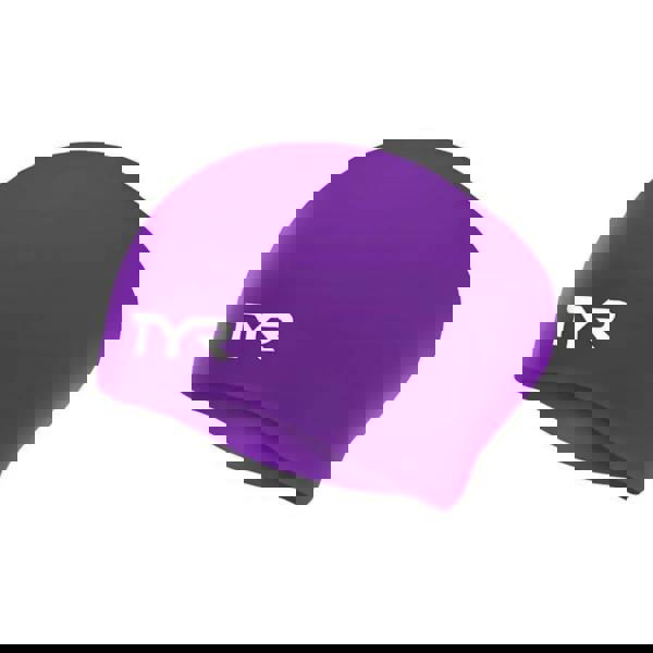 Purple TYR long hair silicone swim cap with white logo texture
