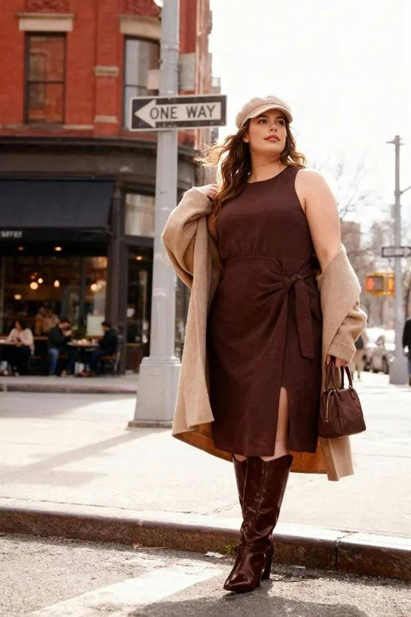 WOVCOR Flannel Midi Dress with Slit and Tie Detail