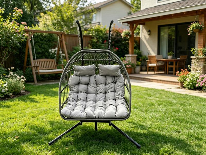 Fimous Rattan Garden Double Hanging Egg Chair Indoor Outdoor Patio Furniture with Grey Cushion