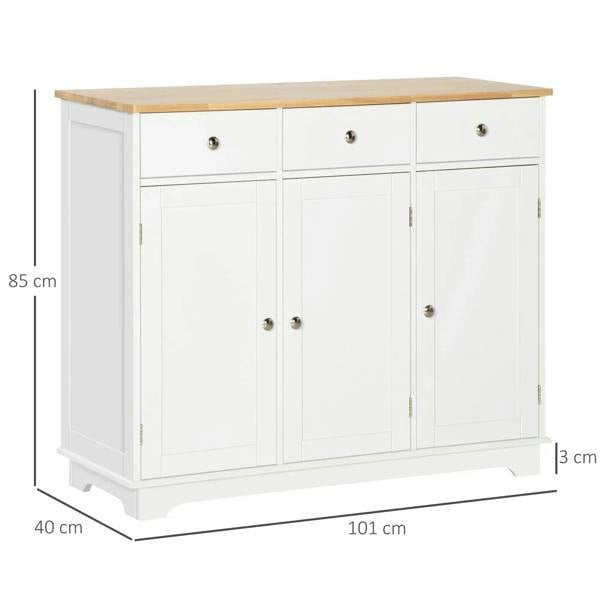 White sideboard cabinet with rubberwood top, three drawers, and three cabinet doors; size shown