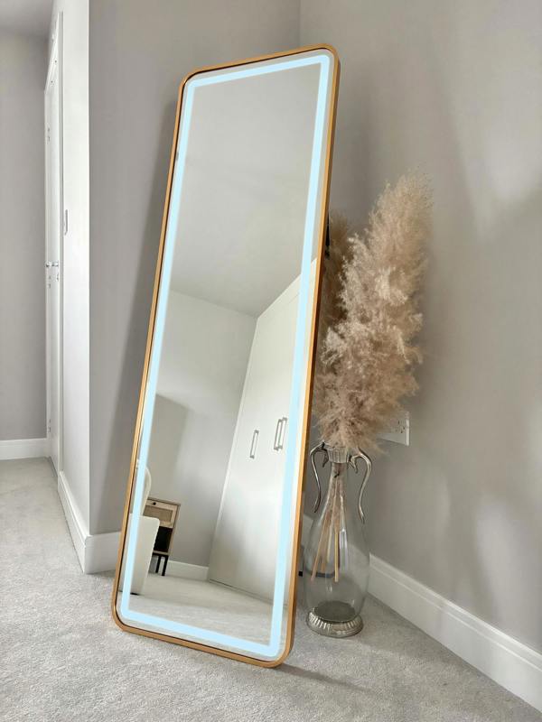 Downton Interiors Stunning Gold Rectangular Metal Frame LED Wall or Floor Standing Dressing Mirror 145cm x 45cm - Soho Collection