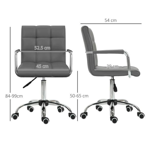 Grey swivel desk chair with mid-back and armrests, height-adjustable base with casters