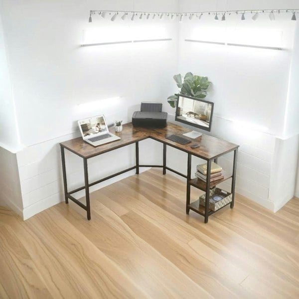 Modcraft Rustic Brown & Black L-Shaped Computer Desk with Storage Shelves – 138x138 cm