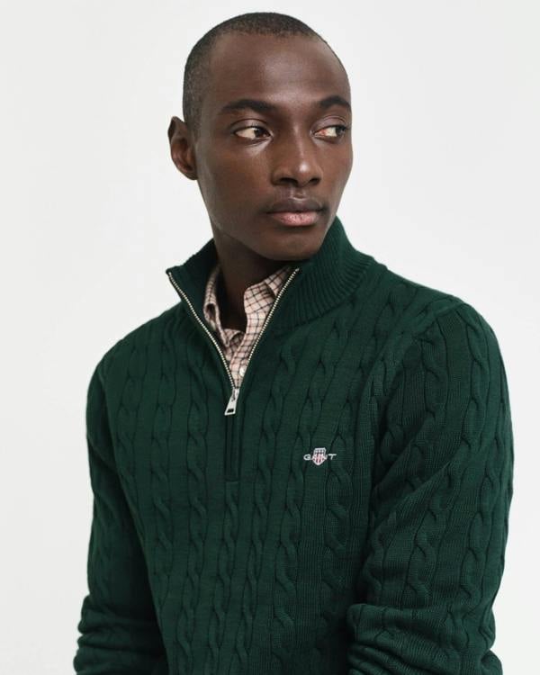 GANT Mens Cotton Cable Half Zip Jumper in 374 Tartan Green, detail