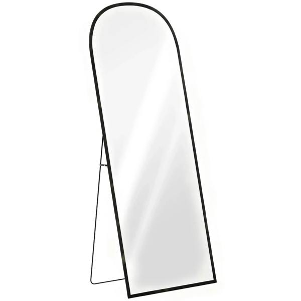 Black standing mirror with arched frame, full-length view