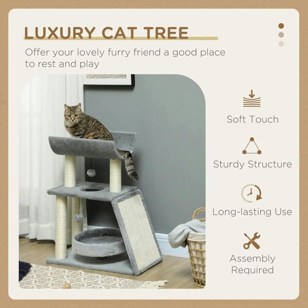 Light grey cat tree tower with multi-level perches, round bed, and U-shaped resting ramp