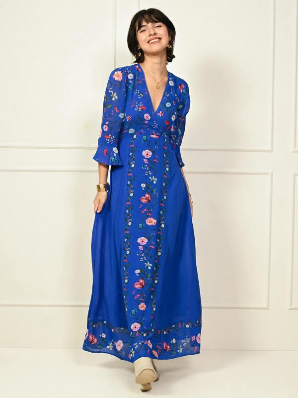 Rose & Nancy Tory Blue Botanical Floral Border Print Maxi Dress