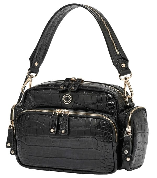 black embossed leather handbag