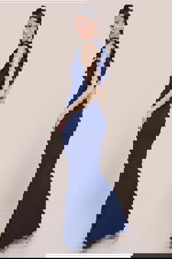 One Shoulder Satin Bow Scuba Crepe Maxi Dress - Navy DR4183