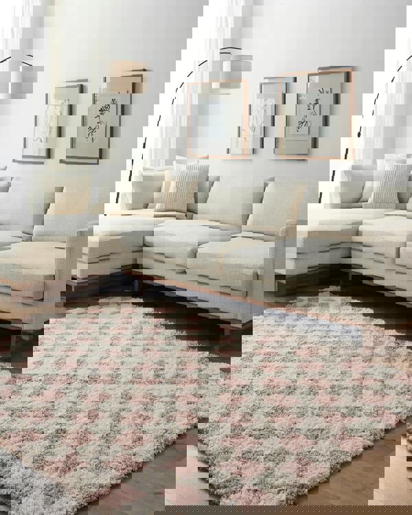 Livabliss Urban Shag-Modern Ivory Pink Checkered Soft Plush Pile Rug