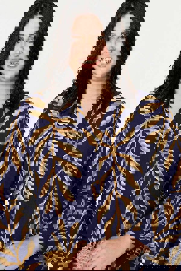 Navy | Curve Leaf Print Turn-Up Sleeve Blouse