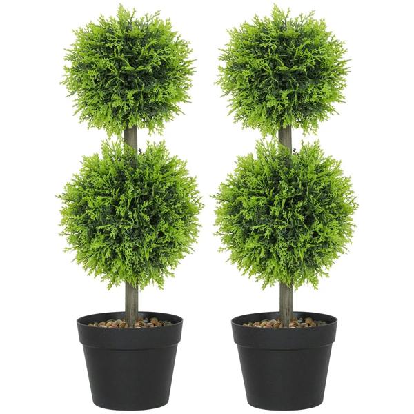 Set of 2 green artificial topiary ball trees in black pots