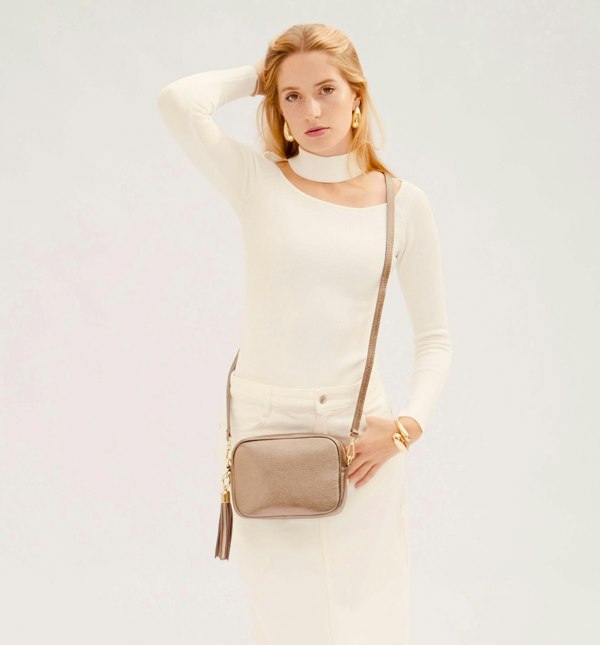 Apatchy London The Tassel Bronze Leather Crossbody Bag with Cappuccino Dots Strap