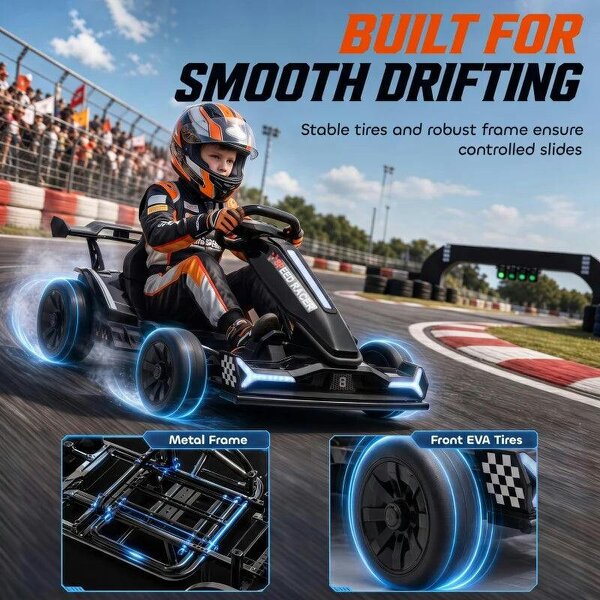 24V Electric Go Kart for Kids 6-12 Years with Drift Mode, Adjustable Seat, 3 Speed, Slow Start, Black