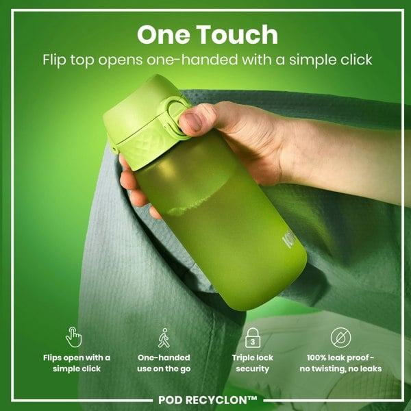 A lime green water bottle is held, its flip top opened with one hand. The bottle features a triple lock security and is advertised as leakproof. It is displayed against a green background. Flip top opens one-handed with a simple click. POD RECYCLON™.