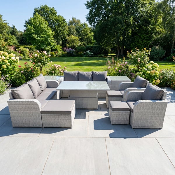 Fimous 11 Seater Rattan Garden Furniture Set with Adjustable Height Table, 2x 3 Seater Sofas, 2 Reclining Chairs, 3 Stools, 2 Side Table - Light Grey