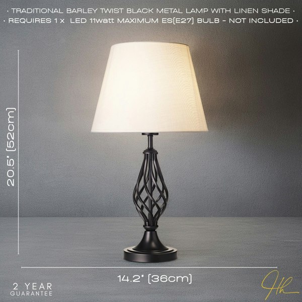 Traditional Matte Black Table Lamp with Barley Twist Base and White Linen Shade Image 5