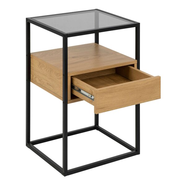 Wyld Haus Wrenna Black and Natural Oak Effect Square Bedside Table 1 Drawer Glass Top