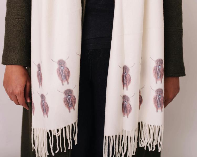 Art on Scarves Cashmere Feel Luxury Scarf Handprinted with Highland Cows