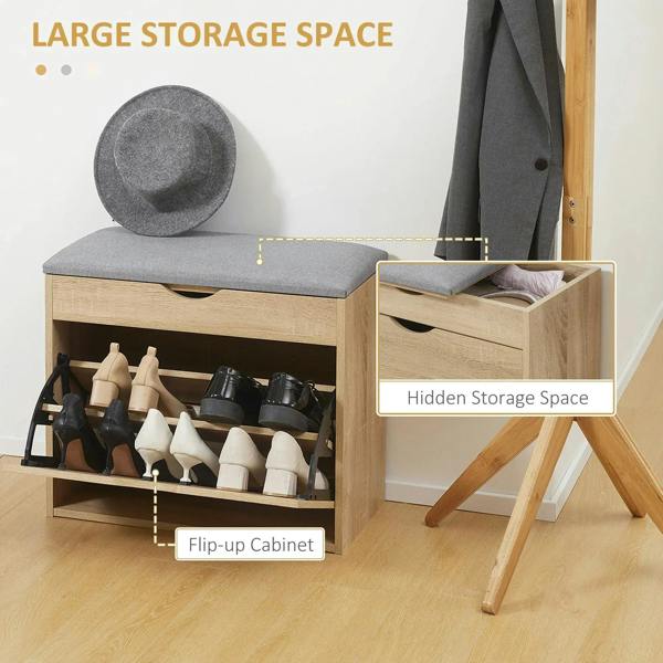 Shoe storage bench open to show shoe shelves, gray cushion seat, flip-up cabinet, natural wood