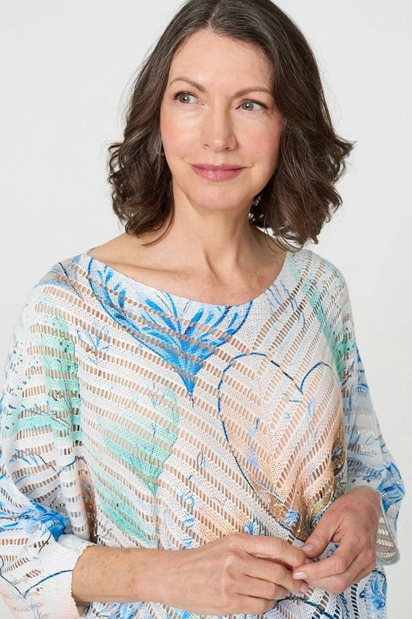 Blue | Heart Print Open Knit 3/4 Sleeve Top
