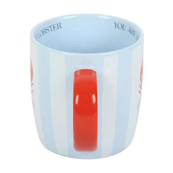 Light blue striped mug with red vertical panel and inner rim; no handle visible