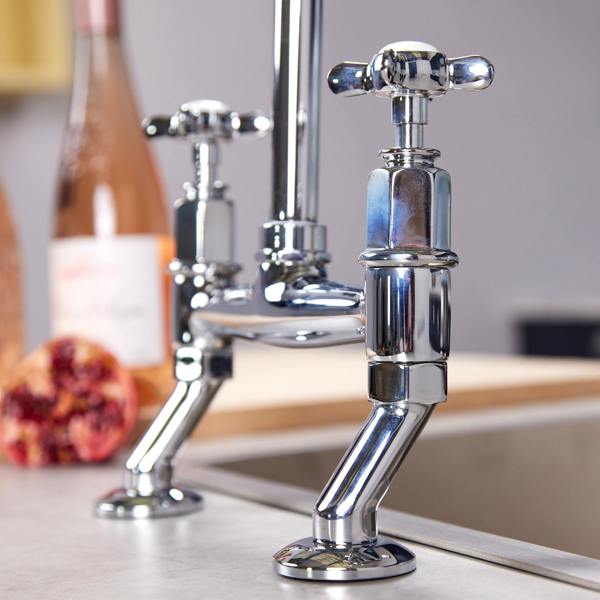 Flode Larvik | Kitchen Crosshead Bridge Mixer Tap | Polished Chrome Finish