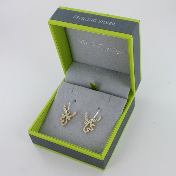 Sterling Silver Golden Stag Head Drop Earrings - Reeves & Reeves