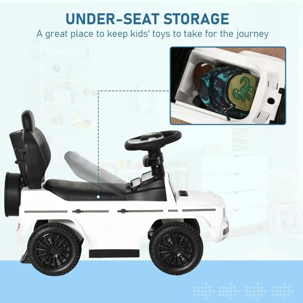 White kids ride-on push car with under-seat storage compartment and black seat detail