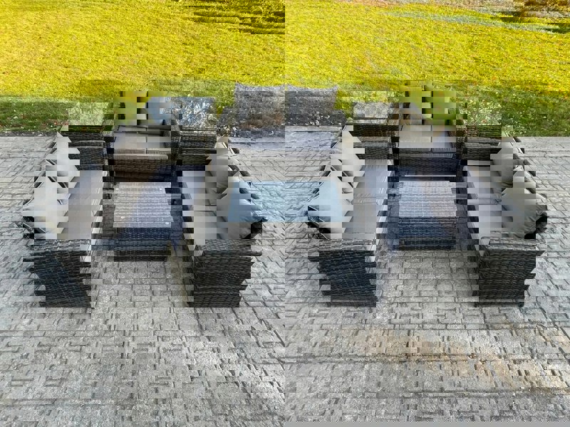 Fimous Dark Grey 6 Seater Outdoor Rattan Garden Furniture Set Patio Love Sofa Rectangular Coffee Table Set with 2 Side Tables