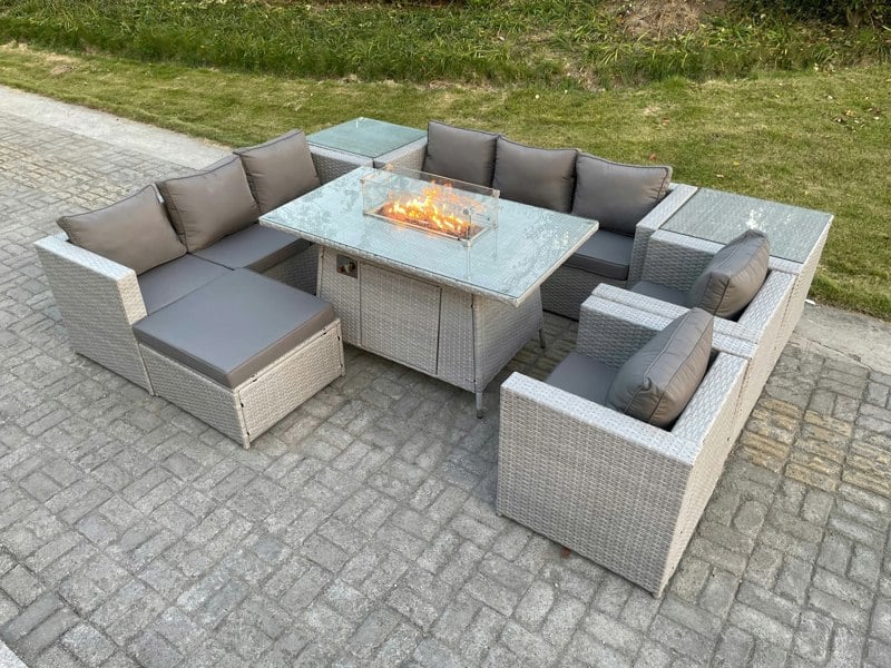 Fimous Rattan Outdoor Garden Furniture Set with Gas Fire Pit Dining Table, 2 Sofas, 2 Side Tables, 2 Chairs, 1 Footstool - 9 Seater - Light Grey