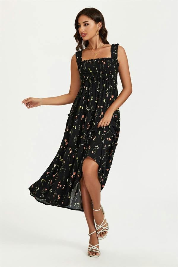 FS Collection Floral Print Hem Detail Tiered Maxi Dress In Black