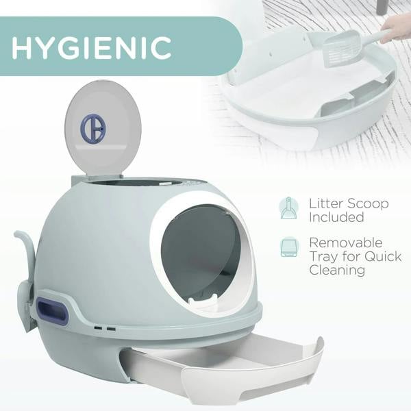 Blue enclosed cat litter box showing circular entry and open front drawer tray
