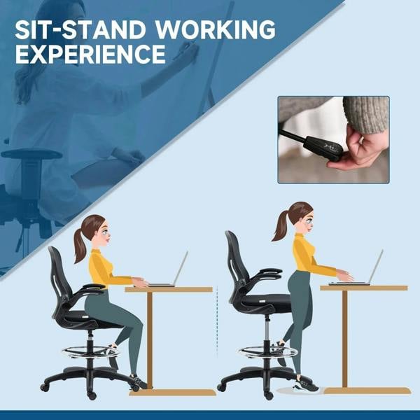 Black standing desk chair with mesh back, padded seat, flip-up armrests, and swivel base