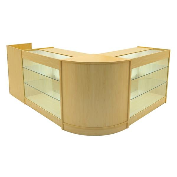 Maple Aries LED Shop Counter Set featuring a sleek, curved design with glass display shelves, ideal for showcasing products