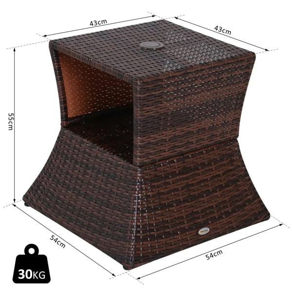 Brown rattan coffee table with open storage shelf and top umbrella hole