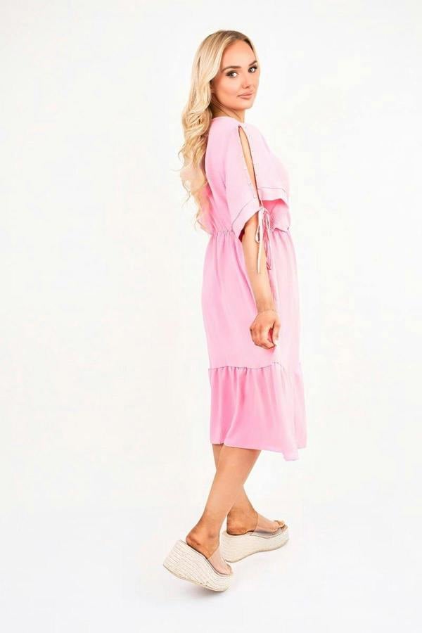 Fianna Round Neck Short Sleeve Midi Dress With Tie Sleeve Detail - Pink
