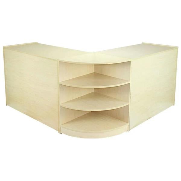Venus Maple Shop Counter & Retail Display Set in light maple finish features a modern design with curved shelves for optimal product visibility