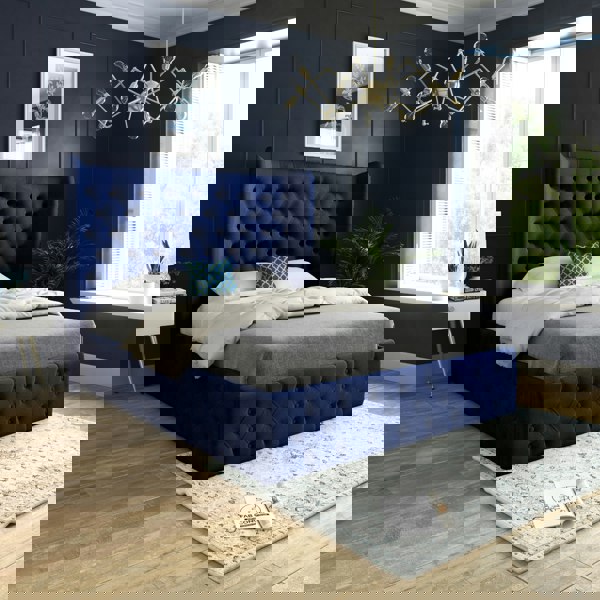 Casa Magna Florence Wide Winged Upholstered Soft Velvet Bed Frame - Blue