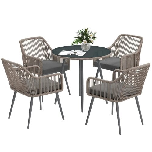 Bobobiy 4 Seater Rattan Dining Set, Rattan Garden Set with Parasol Hole, Outdoor Dining Table and Chairs Set with Cushions, Light Brown